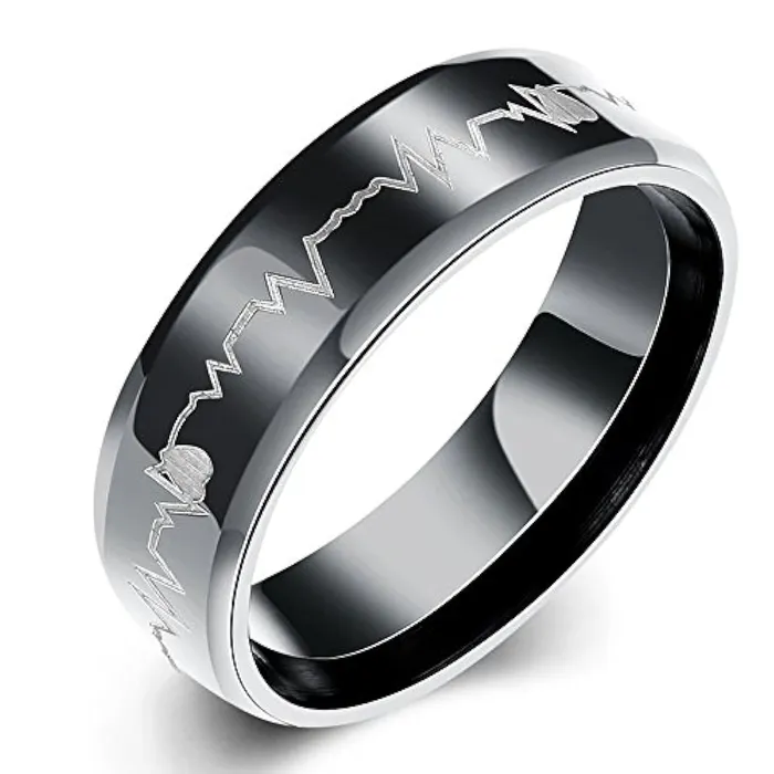 Earrings Yellow Chimes Rings for Men Black Colored Band Heartbeat Love Message Stainless Steel Ring for Men and Boys Yellow Chimes