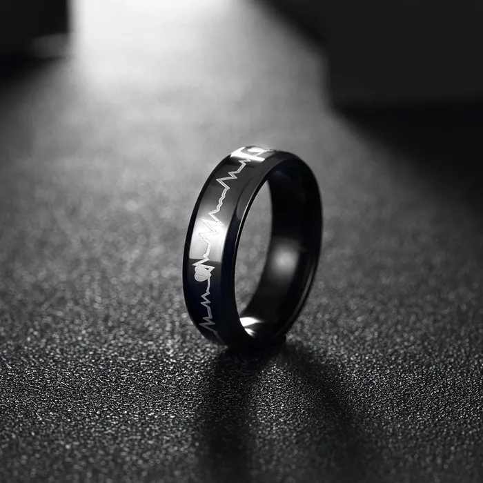 Earrings Yellow Chimes Rings for Men Black Colored Band Heartbeat Love Message Stainless Steel Ring for Men and Boys Yellow Chimes