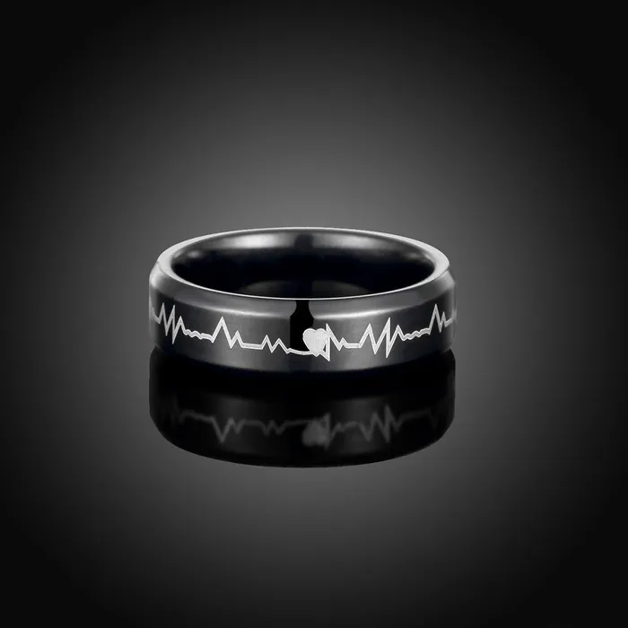 Earrings Yellow Chimes Rings for Men Black Colored Band Heartbeat Love Message Stainless Steel Ring for Men and Boys Yellow Chimes