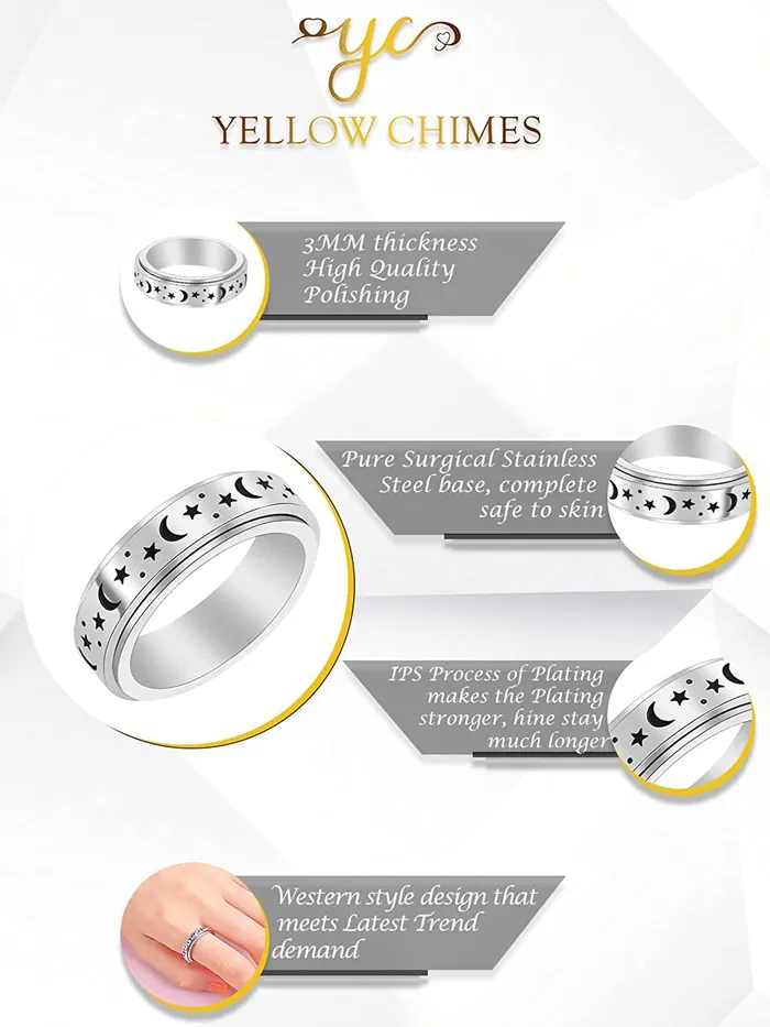 Earrings Yellow Chimes Spinner Rings For Women Silver Toned Stainless Steel Stress Relieving Rotatable Spinner Ring for Women and Girls Size US 8 Yellow Chimes