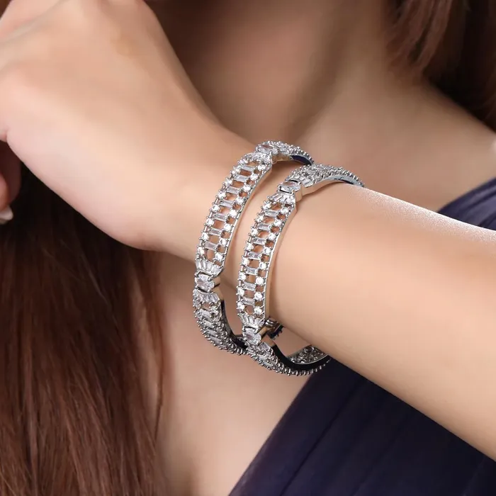 Earrings Yellow Chimes Yellow Chimes Bangles for Women and Girls American Diamond Bangles for women Silver Tone White AD Studded Bangles for girls Birthday Gift For girls and women Anniversary Gift for Wife