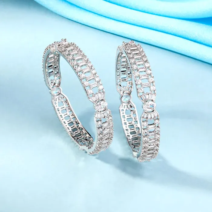 Earrings Yellow Chimes Yellow Chimes Bangles for Women and Girls American Diamond Bangles for women Silver Tone White AD Studded Bangles for girls Birthday Gift For girls and women Anniversary Gift for Wife