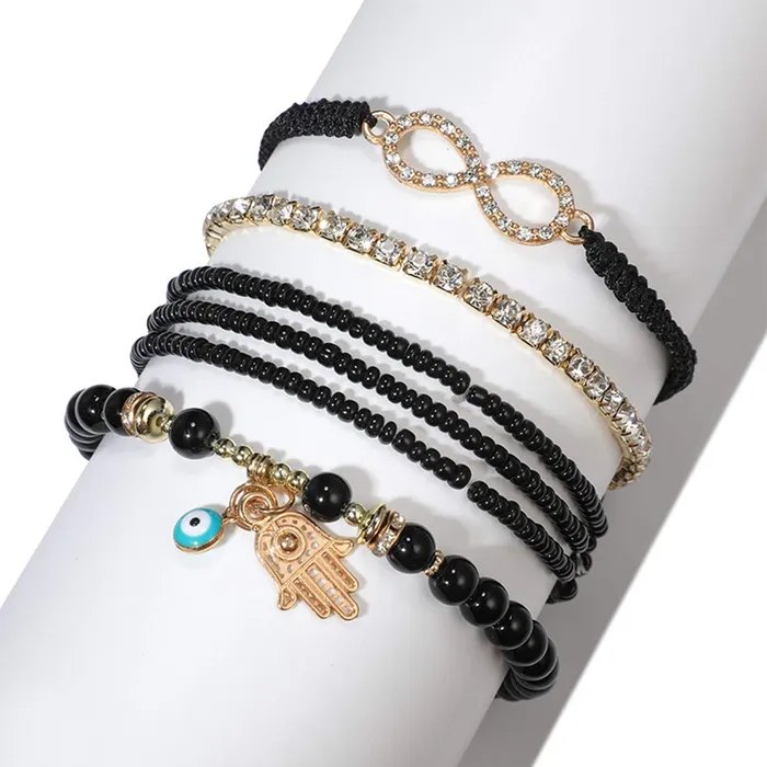 Earrings Yellow Chimes Yellow Chimes Bracelet for Women and Girls Evil Eye Nazariya Bracelets for Women 6 Pcs Black Beads Layered Bracelet Birthday Gift For girls and women Anniversary Gift for Wife
