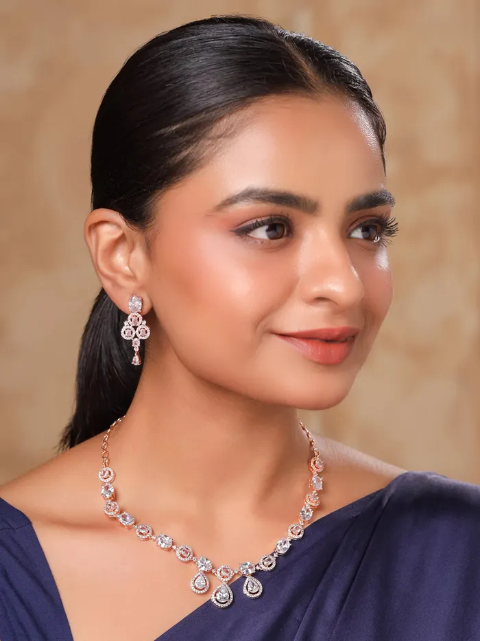 Earrings Yellow Chimes Yellow Chimes Diamond Necklace Set for Women White Stone Necklace Set AD Jewellery Set for Women Rose Gold Diamond Necklace Set Birthday Gift for Girls Women Anniversary Gift for Wife