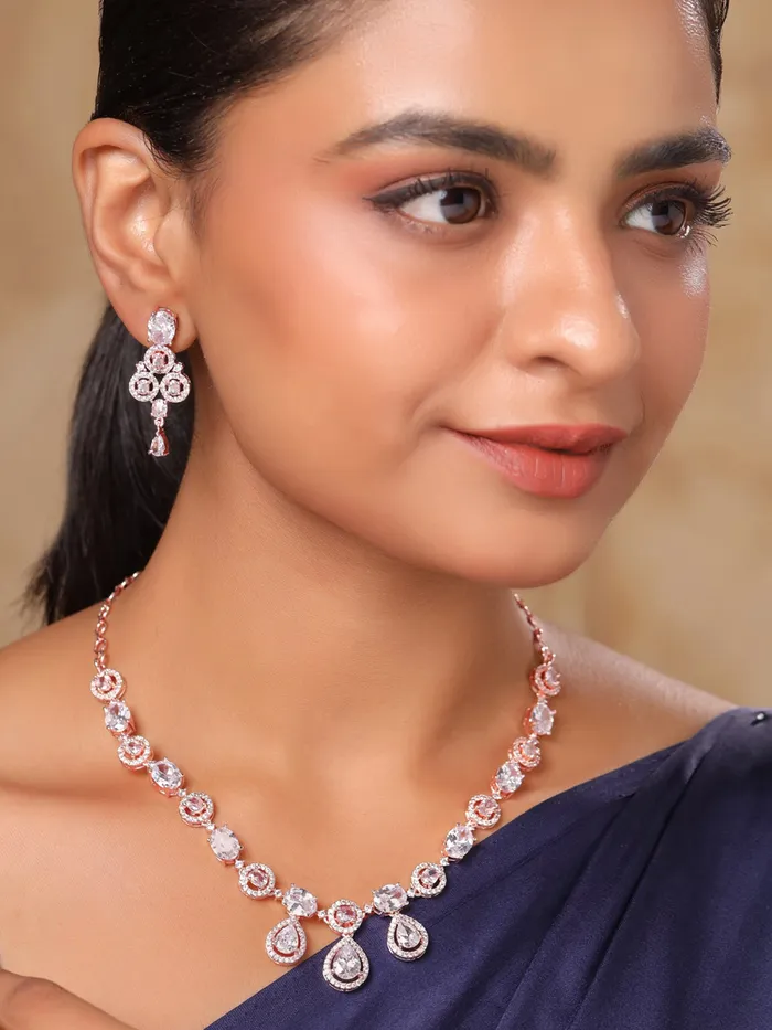 Earrings Yellow Chimes Yellow Chimes Diamond Necklace Set for Women White Stone Necklace Set AD Jewellery Set for Women Rose Gold Diamond Necklace Set Birthday Gift for Girls Women Anniversary Gift for Wife