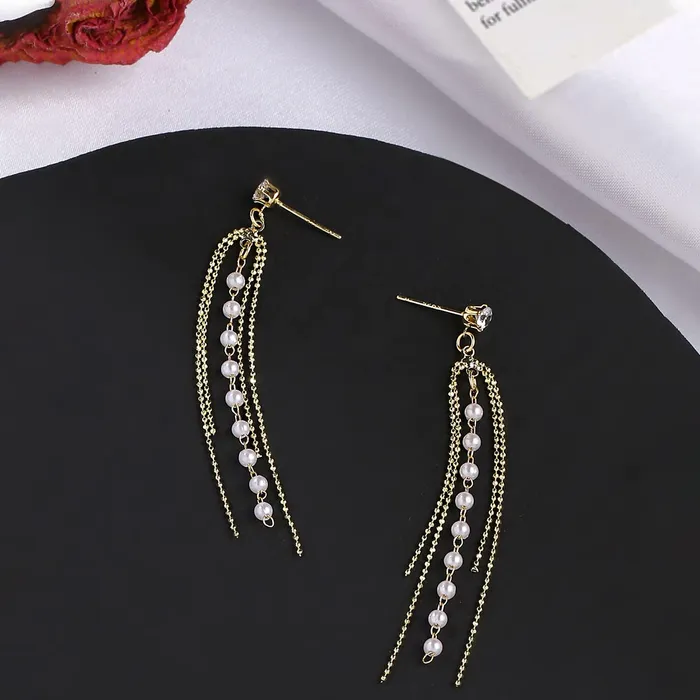 Earrings Yellow Chimes Yellow Chimes Earrings For Women Gold Tone Chain Pearl Beaded Layer Drop Dangle Earrings For Women and Girls