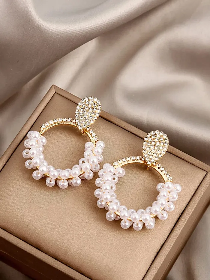 Earrings Yellow Chimes Yellow Chimes Earrings For Women Gold Tone Crystal Open Circle Pearl Embellished Drop Earrings For Women and Girls