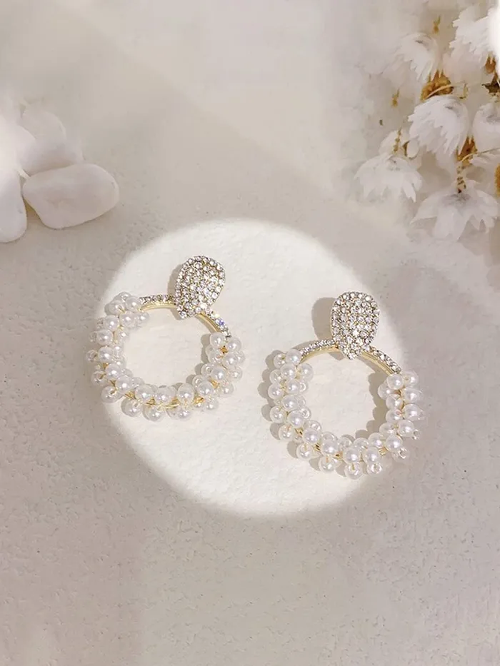 Earrings Yellow Chimes Yellow Chimes Earrings For Women Gold Tone Crystal Open Circle Pearl Embellished Drop Earrings For Women and Girls