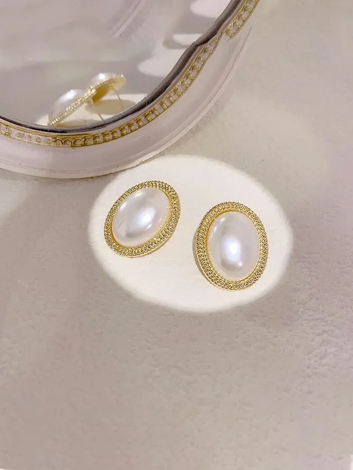 Earrings Yellow Chimes Yellow Chimes Earrings For Women Gold Toned Elegant Oval Shape Pearl Stud Earrings For Women and Girls