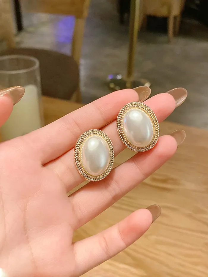 Earrings Yellow Chimes Yellow Chimes Earrings For Women Gold Toned Elegant Oval Shape Pearl Stud Earrings For Women and Girls