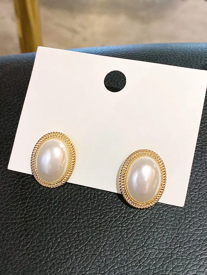 Earrings Yellow Chimes Yellow Chimes Earrings For Women Gold Toned Elegant Oval Shape Pearl Stud Earrings For Women and Girls