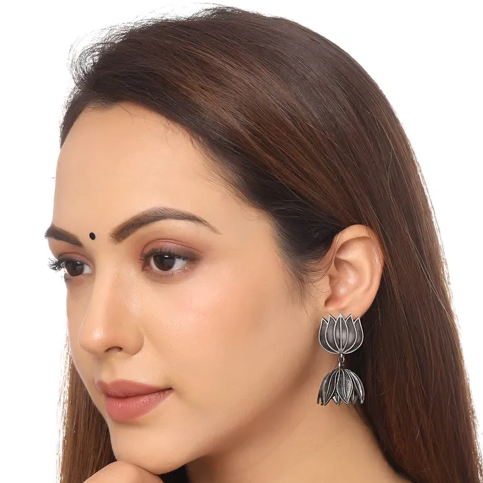 Earrings Yellow Chimes Yellow Chimes Earrings For Women Oxidised Silver Toned Floral Designed Drop Earrings For Women and Girls