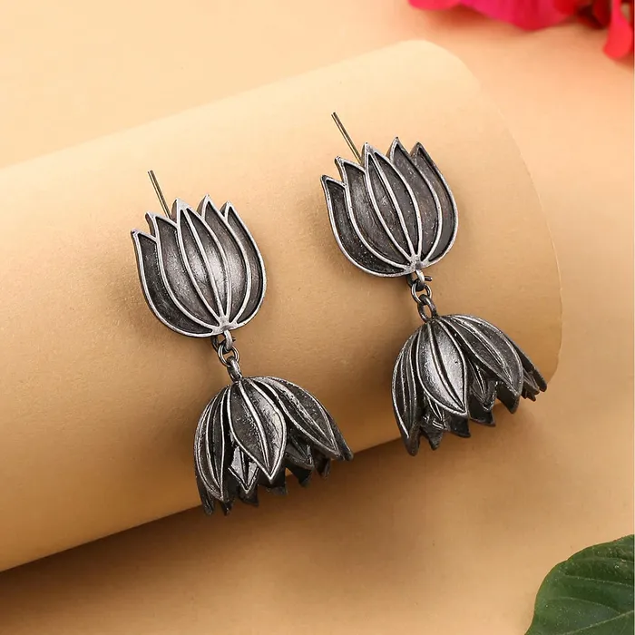Earrings Yellow Chimes Yellow Chimes Earrings For Women Oxidised Silver Toned Floral Designed Drop Earrings For Women and Girls