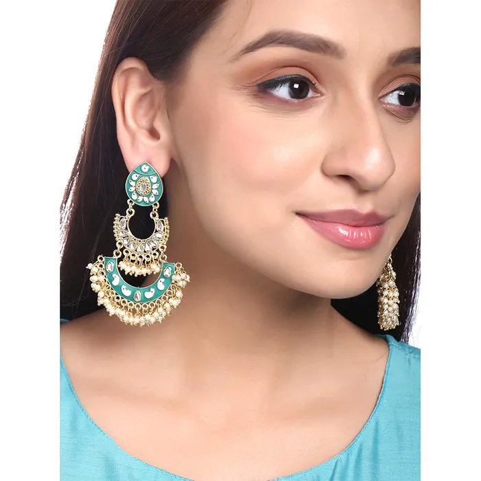 Earrings Yellow Chimes Yellow Chimes Ethnic Gold Plated Green Enamel Handpainted Design Stones Beads Traditional Chandbali Earrings for Women and Girls Medium YCTJERDGNCHDBLGR