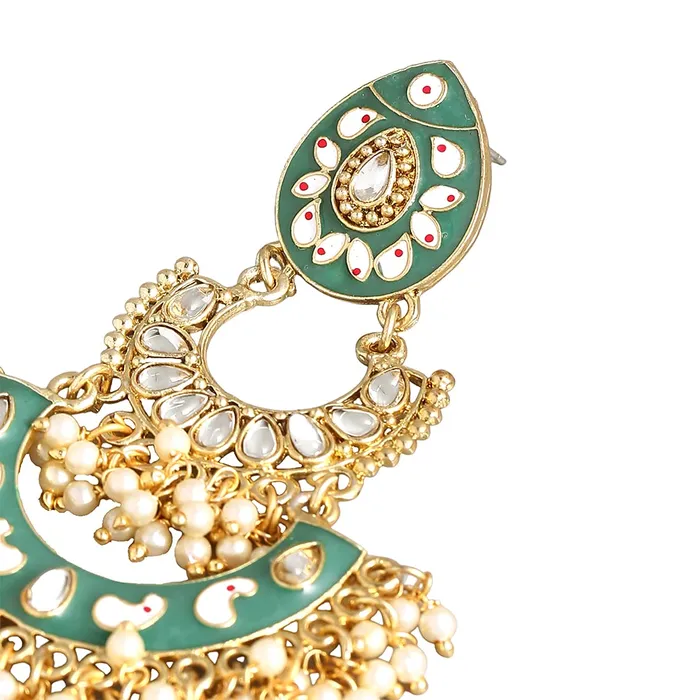 Earrings Yellow Chimes Yellow Chimes Ethnic Gold Plated Green Enamel Handpainted Design Stones Beads Traditional Chandbali Earrings for Women and Girls Medium YCTJERDGNCHDBLGR