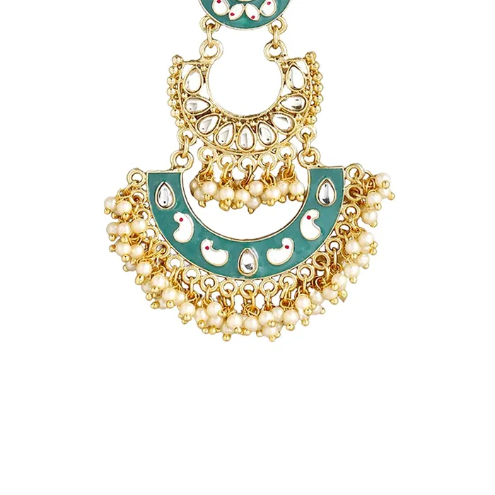 Earrings Yellow Chimes Yellow Chimes Ethnic Gold Plated Green Enamel Handpainted Design Stones Beads Traditional Chandbali Earrings for Women and Girls Medium YCTJERDGNCHDBLGR