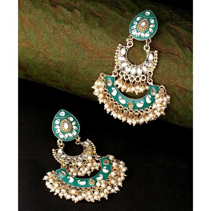 Earrings Yellow Chimes Yellow Chimes Ethnic Gold Plated Green Enamel Handpainted Design Stones Beads Traditional Chandbali Earrings for Women and Girls Medium YCTJERDGNCHDBLGR