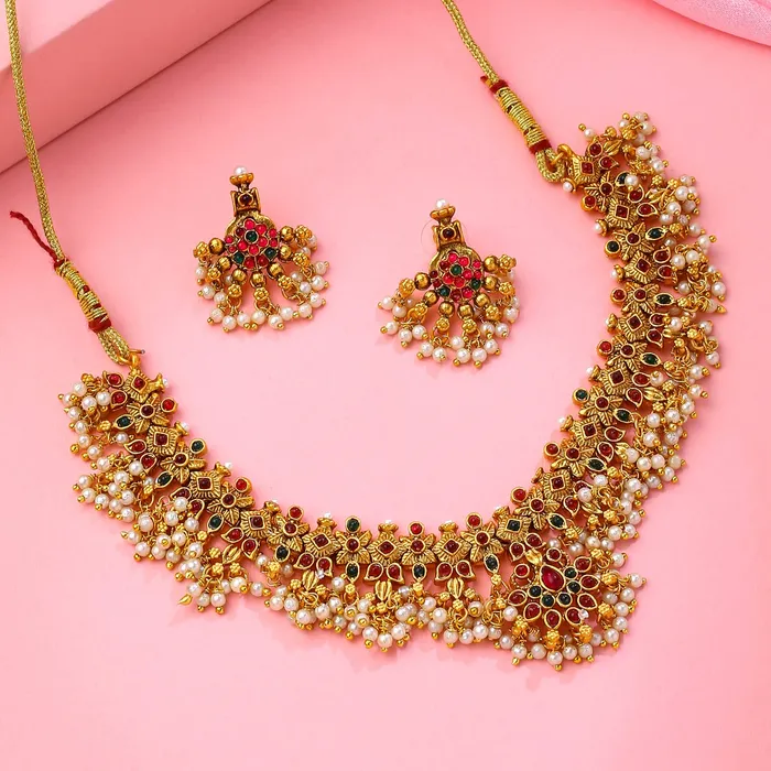 Earrings Yellow Chimes Yellow Chimes Jewellery Set for Women and Girls Gold Plated Bridal Necklace Set for Wedding Moti Beads Bridal Necklace Set Birthday Gift for girls and women Anniversary Gift for Wife