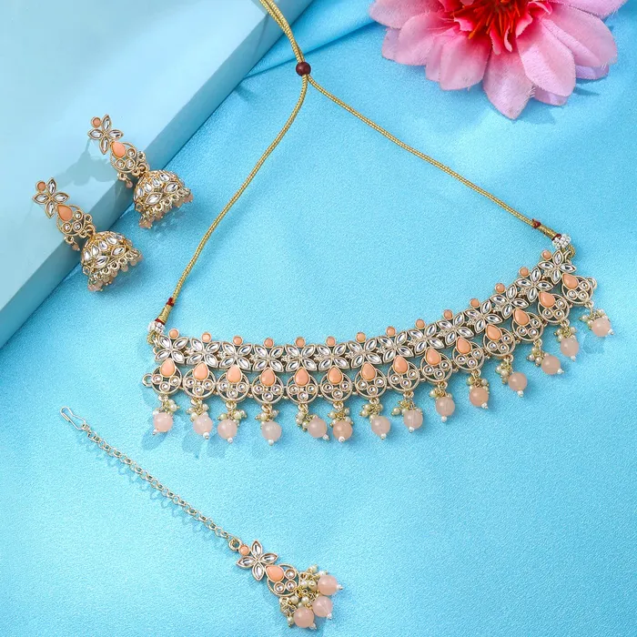 Earrings Yellow Chimes Yellow Chimes Jewellery Set for Women and Girls Kundan Necklace Set for Girls Gold Plated Beads Drop Kundan Choker Necklace Set Birthday Gift for girls and women Anniversary Gift for Wife