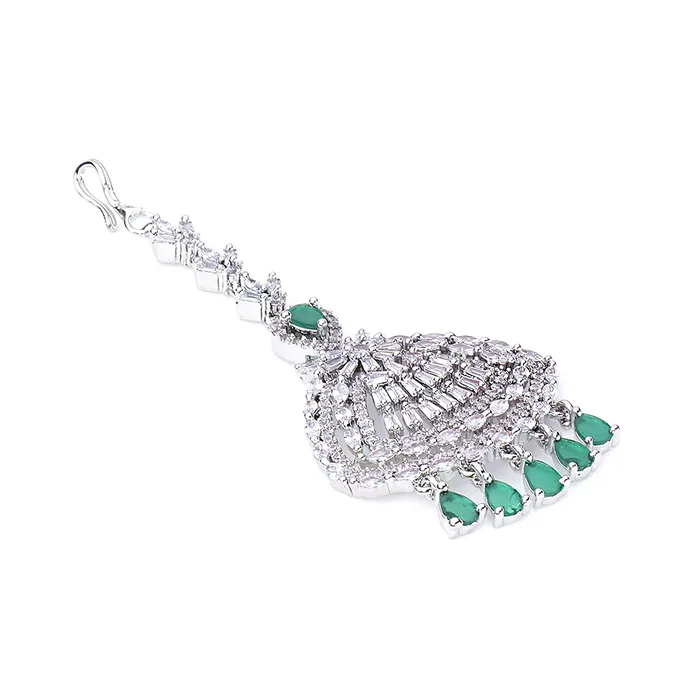 Earrings Yellow Chimes Yellow Chimes Maang Tikka for Women American Diamond Maang Tikka Rhodium Plated High Grade White AD Jewellery Maang Tikka for Women and Girls