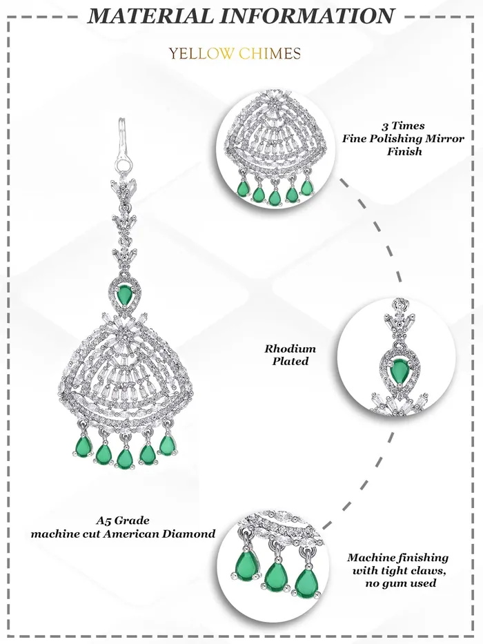 Earrings Yellow Chimes Yellow Chimes Maang Tikka for Women American Diamond Maang Tikka Rhodium Plated High Grade White AD Jewellery Maang Tikka for Women and Girls