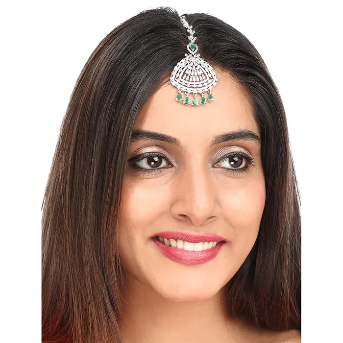 Earrings Yellow Chimes Yellow Chimes Maang Tikka for Women American Diamond Maang Tikka Rhodium Plated High Grade White AD Jewellery Maang Tikka for Women and Girls