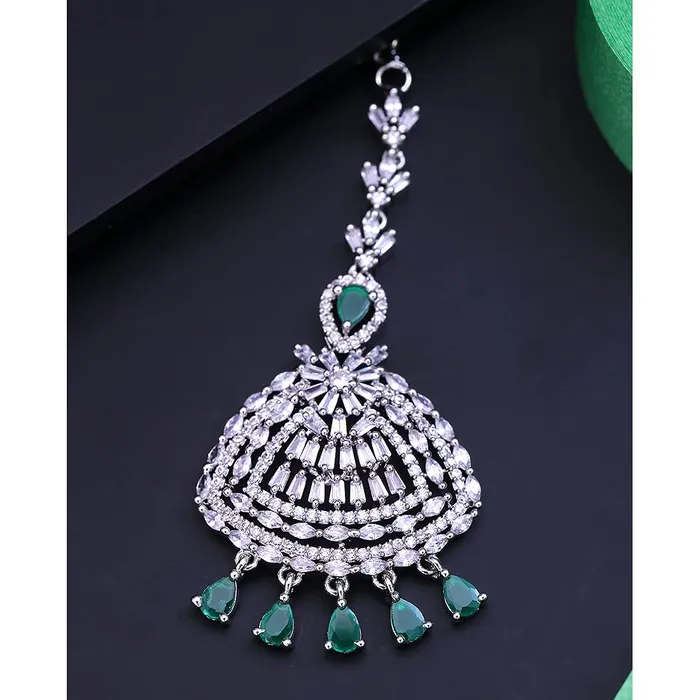 Earrings Yellow Chimes Yellow Chimes Maang Tikka for Women American Diamond Maang Tikka Rhodium Plated High Grade White AD Jewellery Maang Tikka for Women and Girls