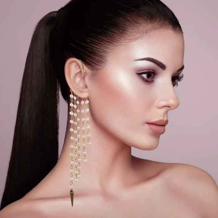 Earrings Yellow Chimes Yellow Chimes Multi Strings Pearl Arrow Western Ear Cuff Clip Earrings For Women and Girls