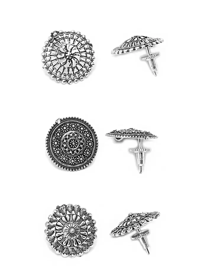 Earrings Yellow Chimes Yellow Chimes Oxidised Earrings for Women Set of 3 Pairs Traditional Antique Design Boho Silver Oxidized Earrings Combo For Women and Girls