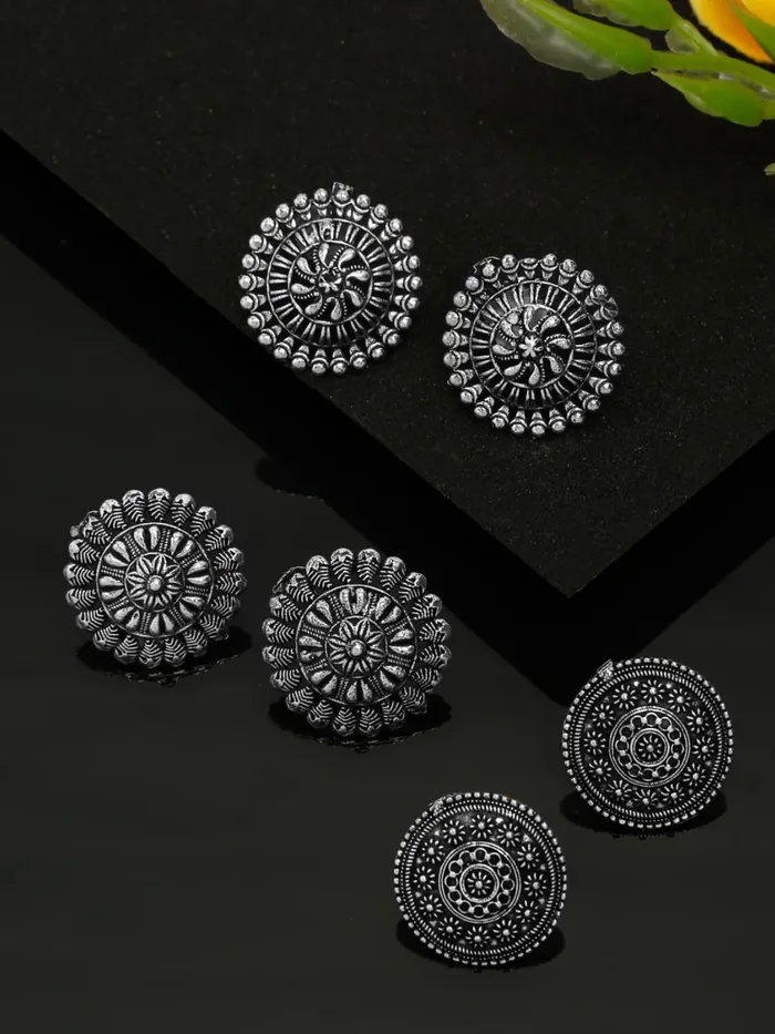 Earrings Yellow Chimes Yellow Chimes Oxidised Earrings for Women Set of 3 Pairs Traditional Antique Design Boho Silver Oxidized Earrings Combo For Women and Girls