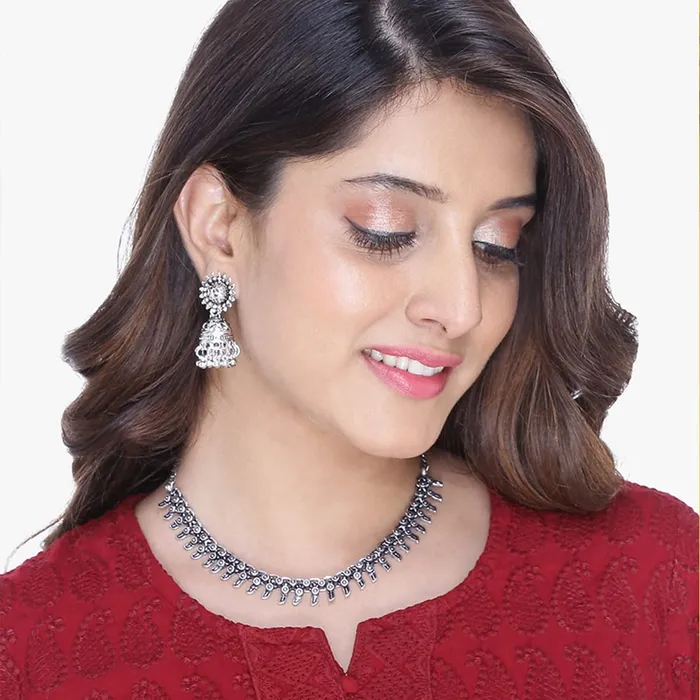 Earrings Yellow Chimes Yellow Chimes Oxidised Jewellery Sets Jewellery Set for Women Silver Oxidized YCTJNSTIRLEAFSL