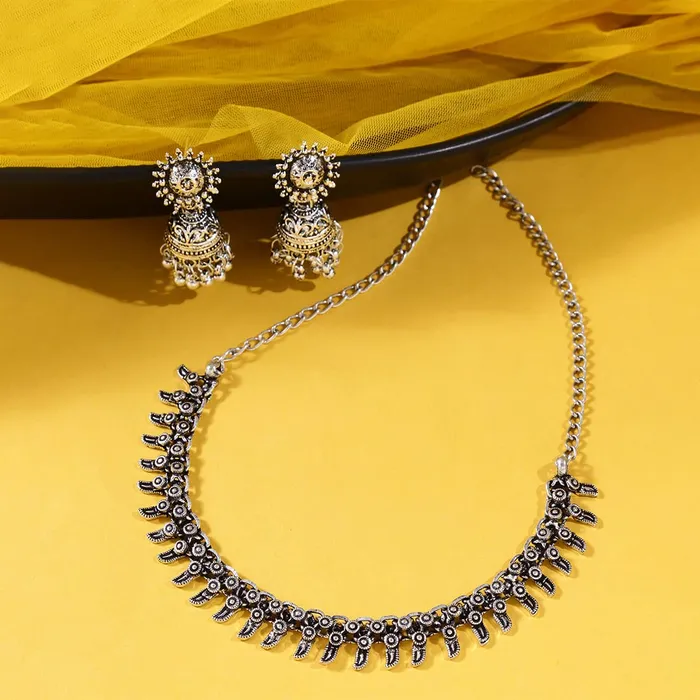 Earrings Yellow Chimes Yellow Chimes Oxidised Jewellery Sets Jewellery Set for Women Silver Oxidized YCTJNSTIRLEAFSL