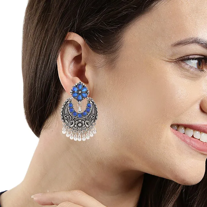 Earrings Yellow Chimes Yellow Chimes Oxidised Silver Traditional Chand Bali Earrings for Women and Girls