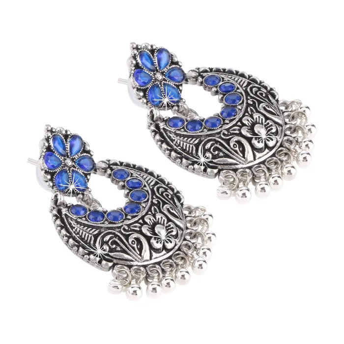 Earrings Yellow Chimes Yellow Chimes Oxidised Silver Traditional Chand Bali Earrings for Women and Girls