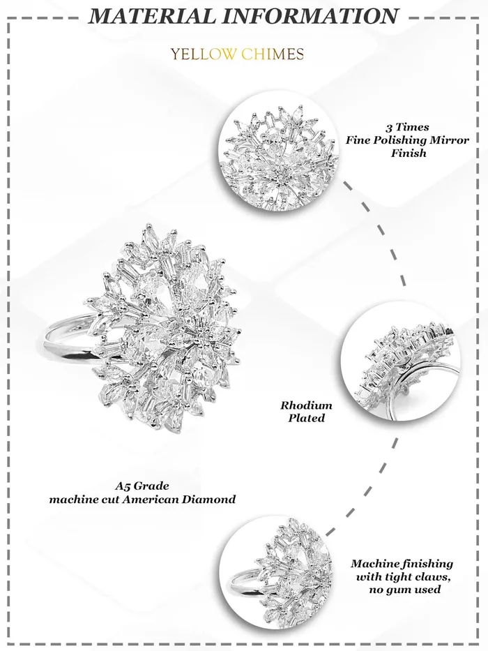 Earrings Yellow Chimes Yellow Chimes Rings for Women American Diamond Ring White ADStudded Adjustable Floral Finger Ring For Women And Girls RG 4 Adjustable