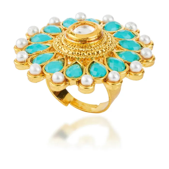 Earrings Yellow Chimes Yellow Chimes Rings for Women Traditional Rings Turquoise Pearl Studded Gold Plated Cocktail Wedding Rings for Women and Girls