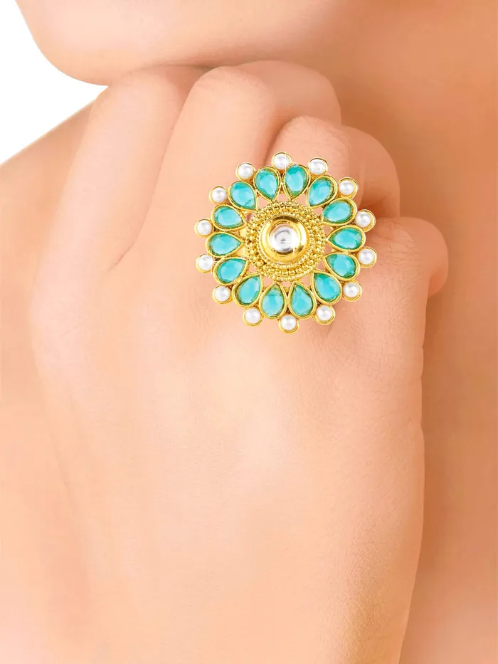 Earrings Yellow Chimes Yellow Chimes Rings for Women Traditional Rings Turquoise Pearl Studded Gold Plated Cocktail Wedding Rings for Women and Girls