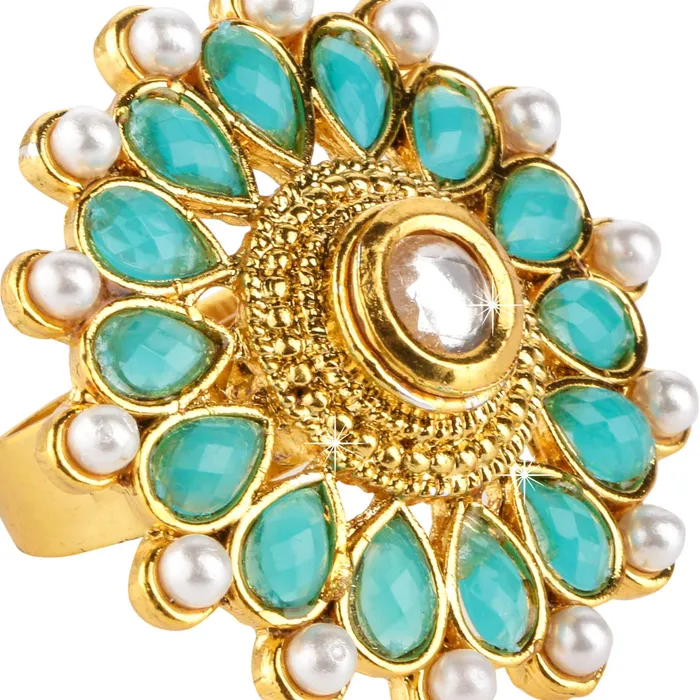 Earrings Yellow Chimes Yellow Chimes Rings for Women Traditional Rings Turquoise Pearl Studded Gold Plated Cocktail Wedding Rings for Women and Girls