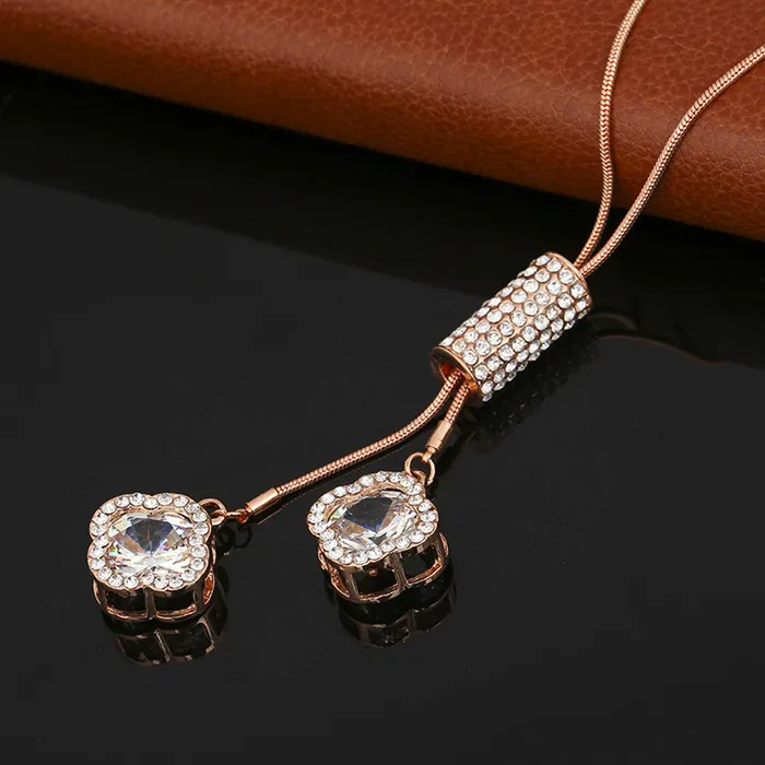 Earrings Yellow Chimes Yellow Chimes Sparkling Crystal Rose Gold Stylish Long Chain Pendant Necklace for Womena nd Girls