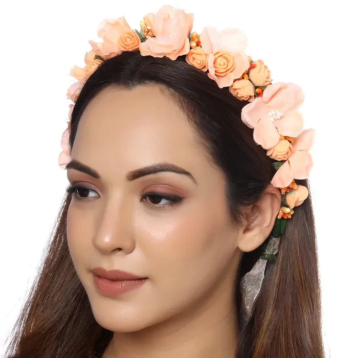 Earrings Yellow Chimes Yellow Chimes Tiara for Women and Girls Floral Hair Vine for Women White Bridal Hair Vine Tiara Headband Hair Accessories Wedding Jewellery for Girls and Women Pink1