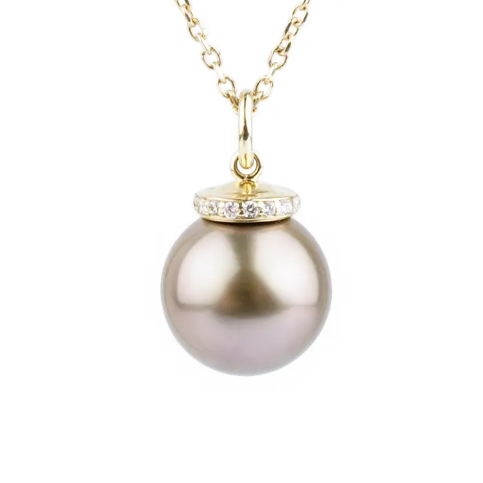 Golden Pink Tahitian Pearl Diamond Halo Necklace Kamoka Pearl Necklaces