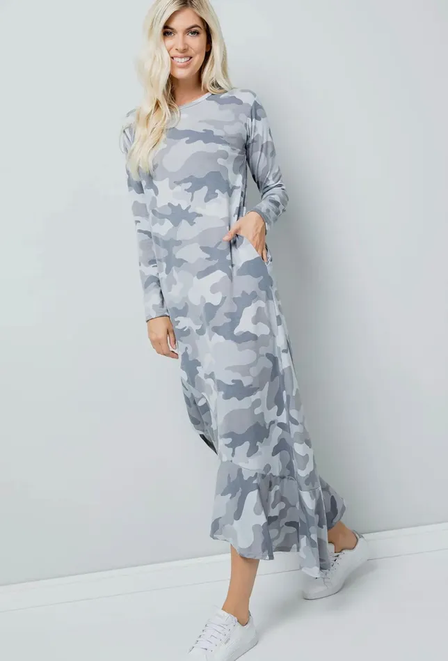 Grey Camouflage Print Maxi Dress Sweet Lovely By Jen Earrings