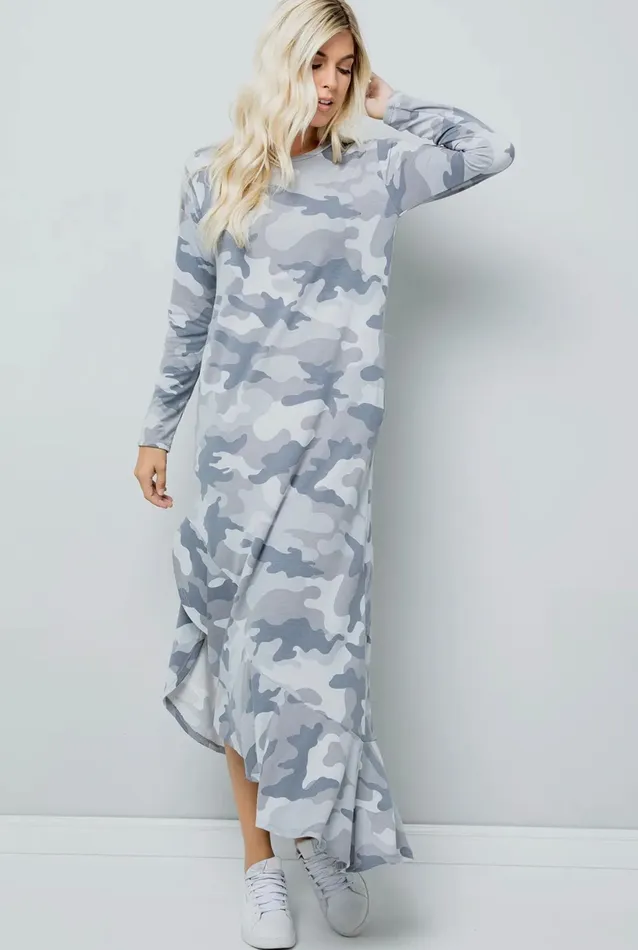 Grey Camouflage Print Maxi Dress Sweet Lovely By Jen Earrings