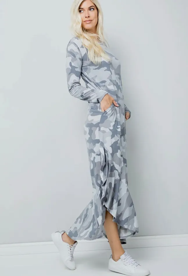 Grey Camouflage Print Maxi Dress Sweet Lovely By Jen Earrings