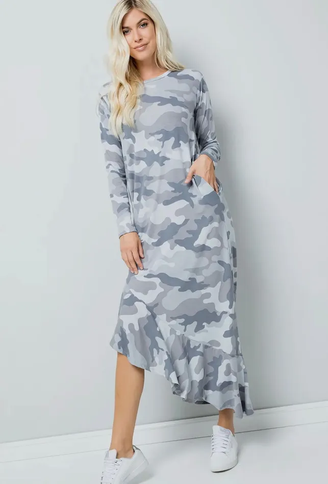 Grey Camouflage Print Maxi Dress Sweet Lovely By Jen Earrings