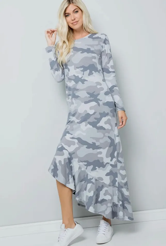 Grey Camouflage Print Maxi Dress Sweet Lovely By Jen Earrings