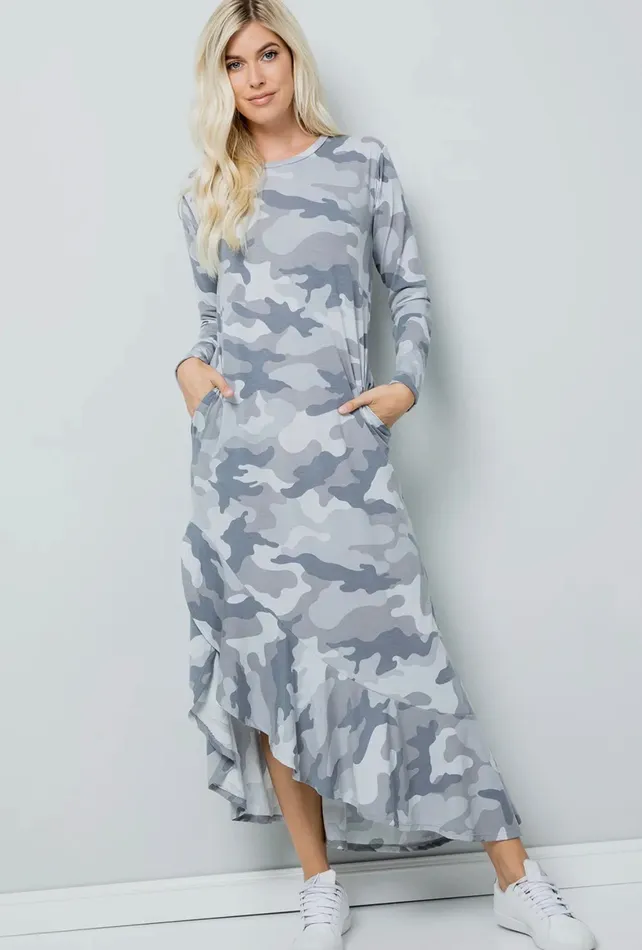 Grey Camouflage Print Maxi Dress Sweet Lovely By Jen Earrings