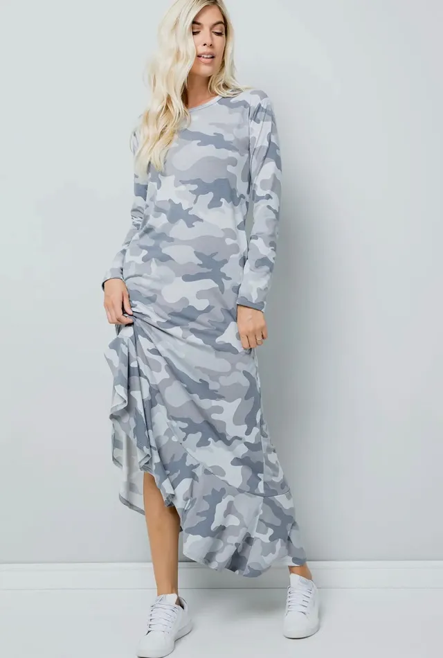 Grey Camouflage Print Maxi Dress Sweet Lovely By Jen Earrings
