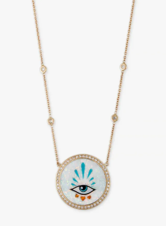 JACQUIE AICHE SMALL PAVE 3 HEARTS EYE BURST OPAL INLAY NECKLACE Necklaces