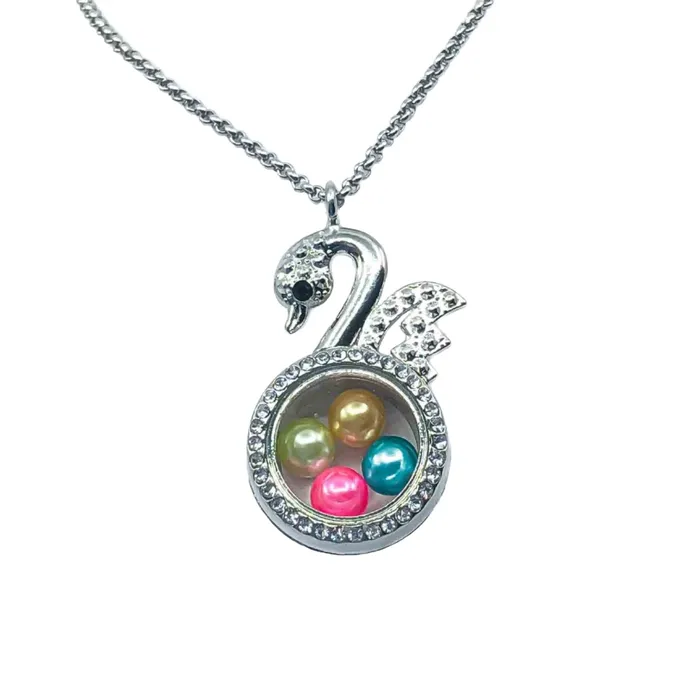 JE0072 Glass Locket Pendant Magnetic Swan Rhinestone Necklaces